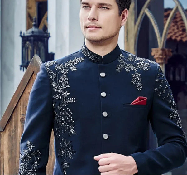 Navy Embroidered Beads Indowestern