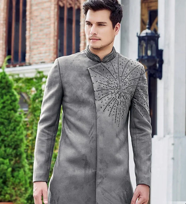 Suede Polyester Grey Indowestern