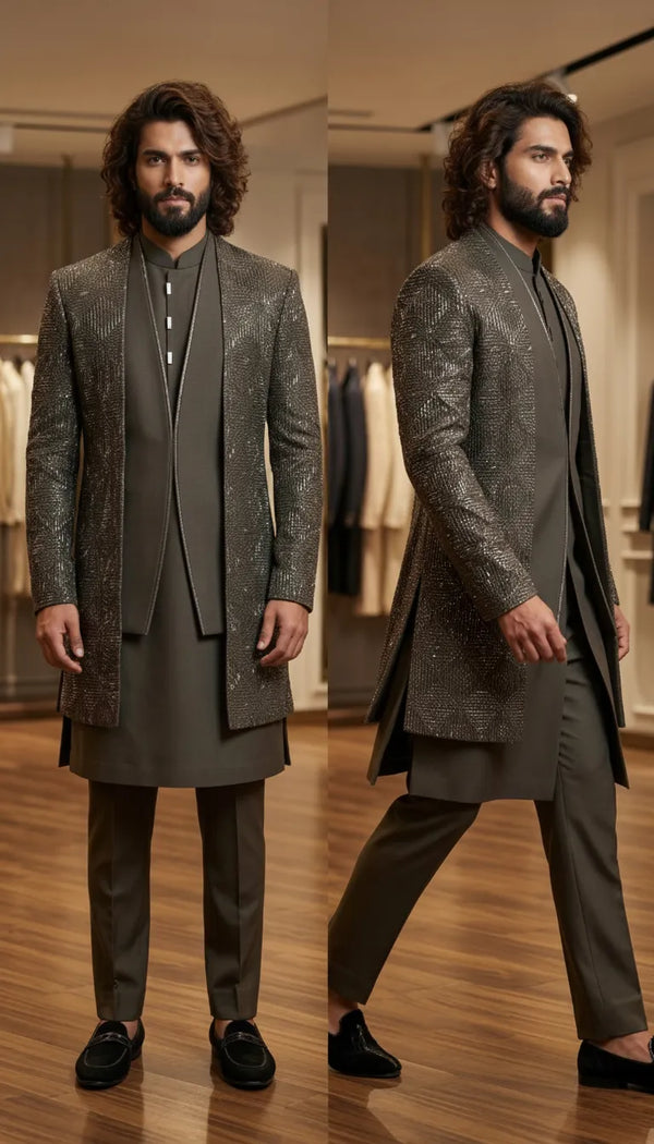 BharatPlaza has a metallic olive-grey Indo-Western outfit for weddings and other special occasions.