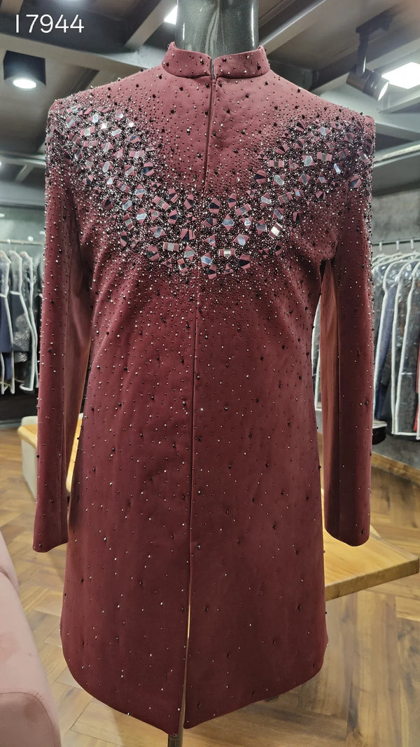 Designer Maroon Indo-Western Original Live Image Delhi Groom Couture