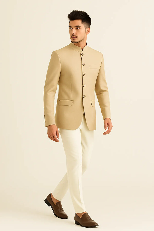 Wedding Designer Wear: Beige High-End Jodhpuri Suit