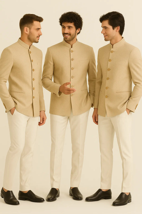 Wedding Designer Wear: Beige High-End Jodhpuri Suit