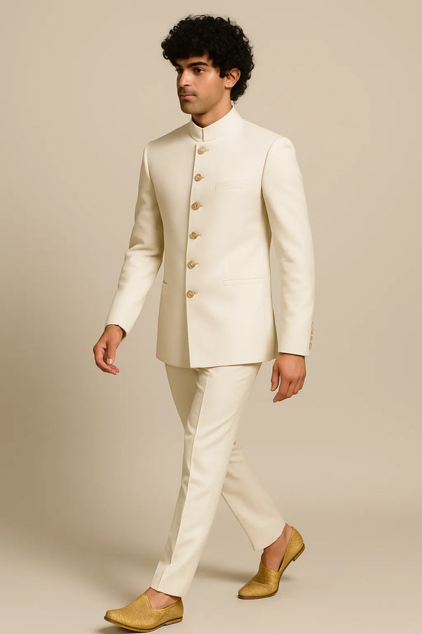 Side view of an ivory imported polyester Jodhpuri suit with matching trousers for a Sydney engagement