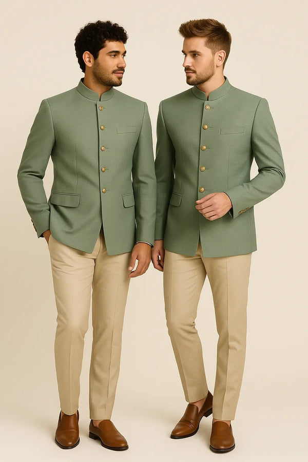 Two men in sage green Bandhgala Jodhpuri suits with beige trousers for a New Jersey wedding