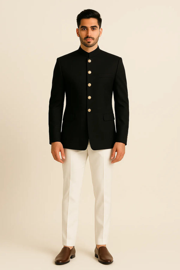 Full front view of black Bandhgala Jodhpuri suit with gold-tone buttons and ivory trousers for an Ahmedabad wedding