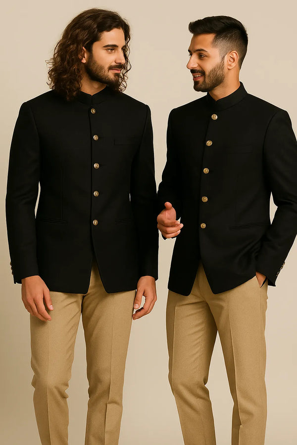 Two men in black Bandhgala Jodhpuri suits and tan trousers for a Frankfurt wedding guest look