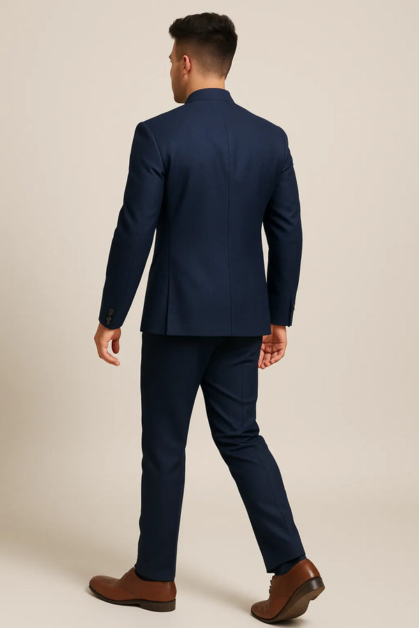 Back view of navy blue Jodhpuri suit showing the clean coat finish and matching trousers for a Casablanca reception