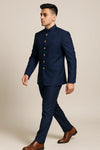 Side view of navy blue Bandhgala Jodhpuri suit with matching trousers for a Lusaka engagement