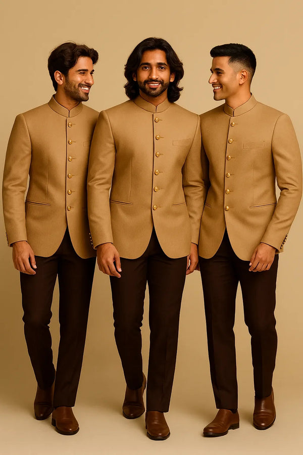 Three friends in coordinated camel brown Bandhgala Jodhpuri suits for a Mumbai celebration