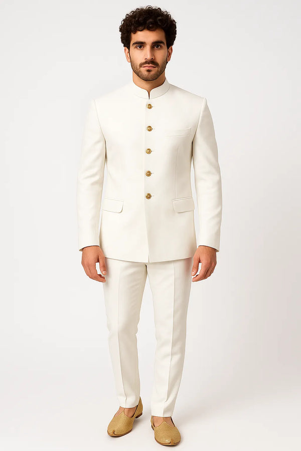 Front view of white imported polyester Jodhpuri suit with waist flap pockets for a Bengaluru groom look