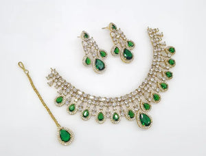 Green Emerald CZ Mehandi Bridal Choker Set in Polish