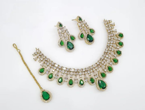 Green Emerald CZ Mehandi Bridal Choker Set in Polish