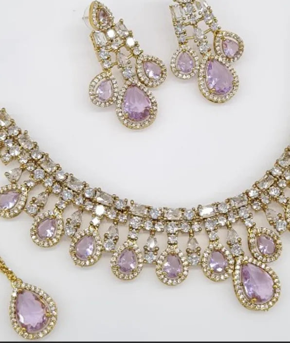 Bridal Choker Set with Light Pink CZs and Mehandi in Polish