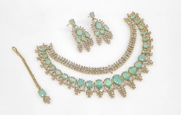 Polish Designer Choker Set with Mint Green CZs and Mehandi Work