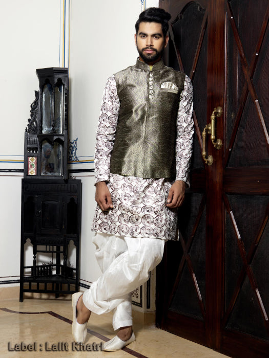 White Kurta with Steel Grey Party Modi Jacket for Men