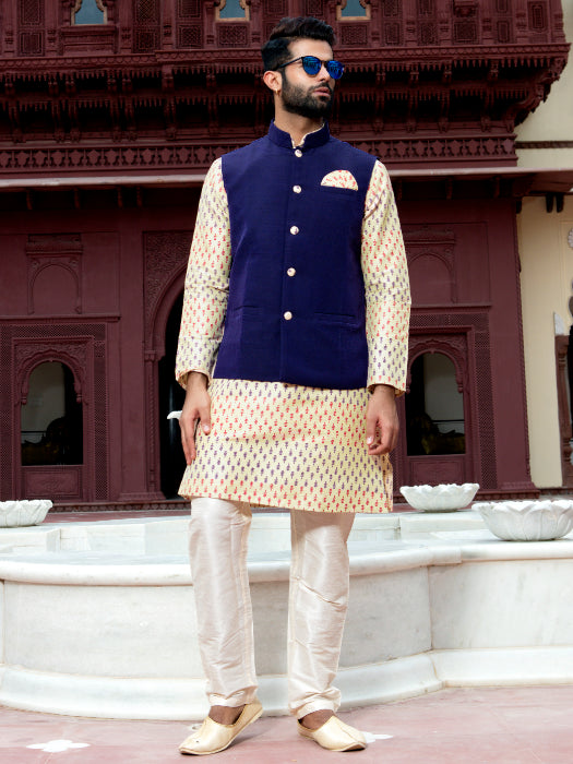 Cream Printed Kurta with Blue Velvet Modi Jacket