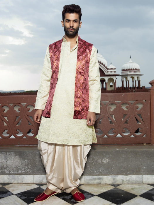 SKB1095W Cream Dhoti Kurta Brocade Jacket