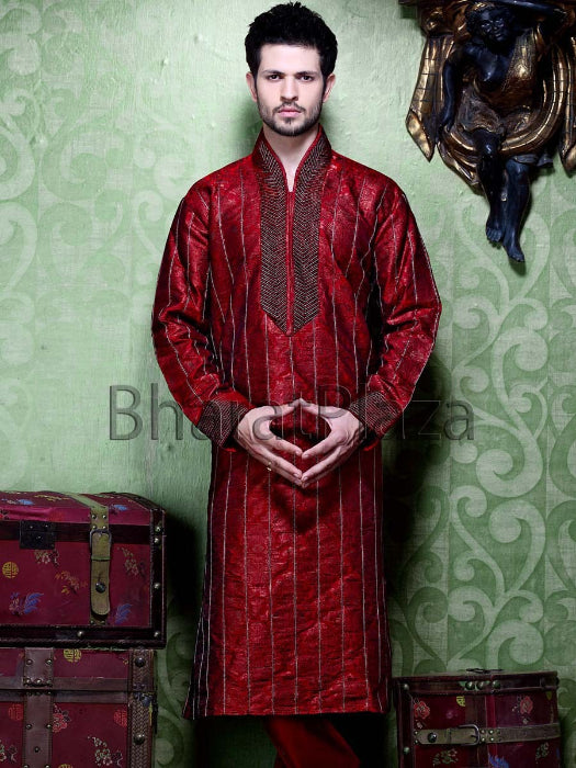 Maroon Partylook Kurta with Self Print & Embroidered Neckline