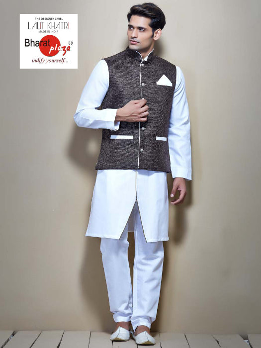 White Linen Kurta with Grey Jute Nehru Jacket for Men