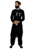 Black Linen Pathani Suit with Designer Fabric Play