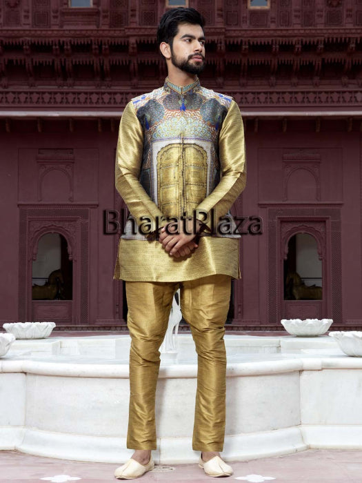 Light Dusty Green Kurta with Designer Peacock Print Nehru Jacket