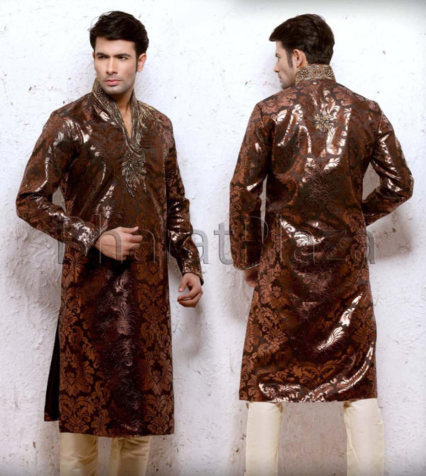 Brown Imported Fabric Designer Kurta with Embroidered Neckline