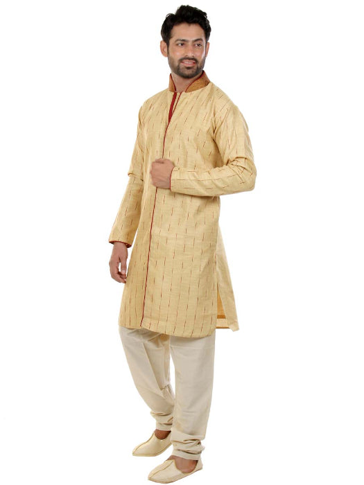 Cream Cot Silk Kurta with Vertical Weaving and Jari Collar