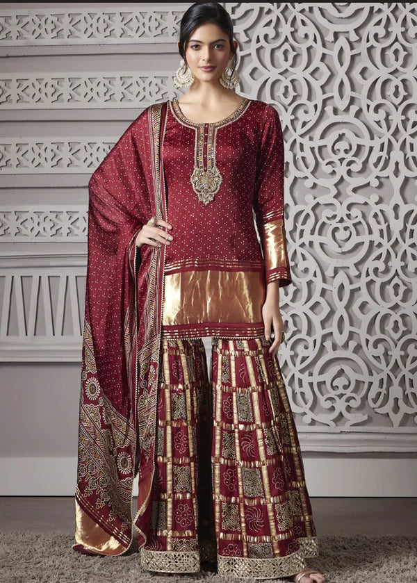 Maroon Gajji Silk Palazzo Suit, Designer Wedding Wear For Women