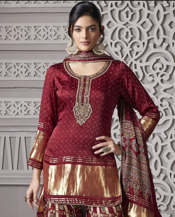 Maroon Gajji Silk Palazzo Suit, Designer Wedding Wear For Women