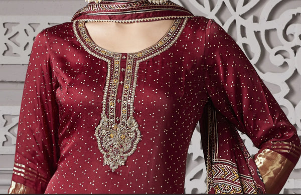 Maroon Gajji Silk Palazzo Suit, Designer Wedding Wear For Women