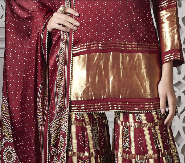 Maroon Gajji Silk Palazzo Suit, Designer Wedding Wear For Women