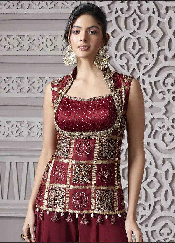 maroon ghatchola Indo-Western palazzo suit