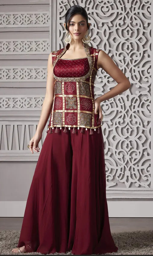 NRI indian outfit ghatchola maroon palazzo suit