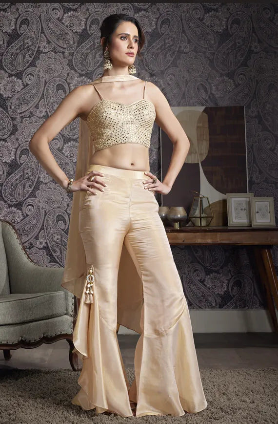 Cream Tissue Silk Palazzo Suit – Designer Party Wear with Aabla Work