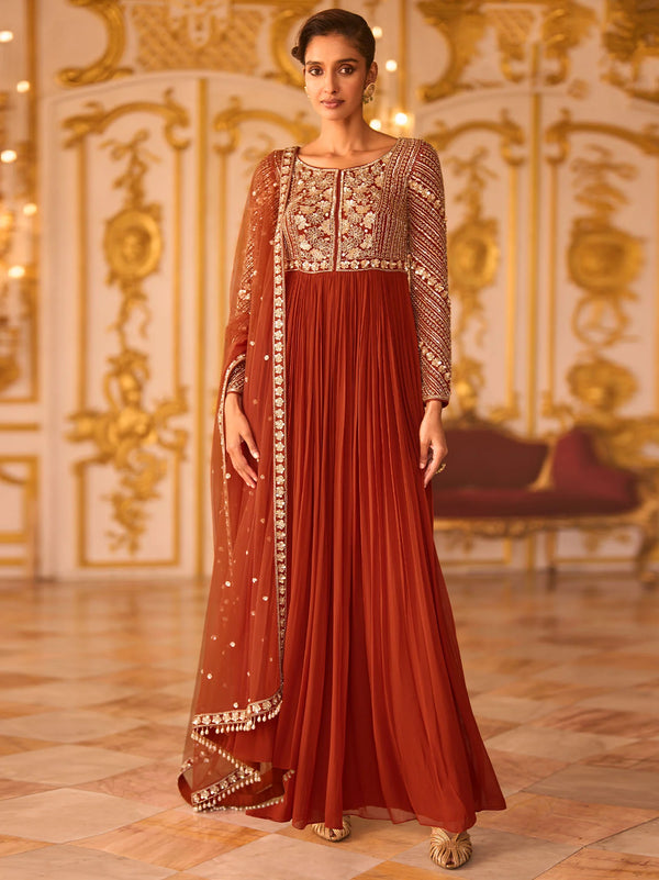 Close-up of back and sleeve embroidery on Rust Orange Anarkali for a Paris reception