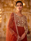 Front view of Rust Orange embroidered Anarkali suit for a New York wedding guest