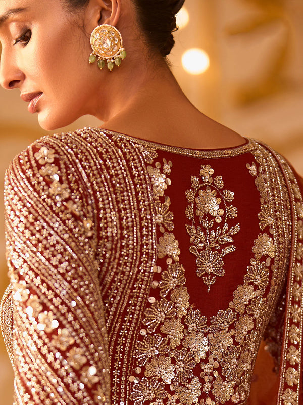 Floral embellished bodice and sheer dupatta on Rust Orange Anarkali for a London sangeet