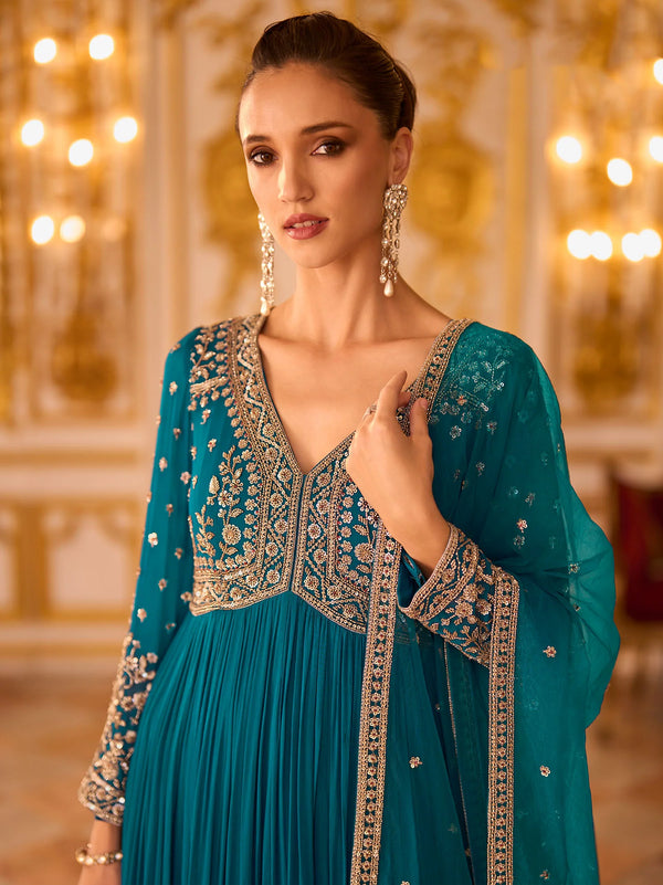 Front view of Rama Blue embroidered Anarkali with gold-bordered dupatta for a New Jersey wedding