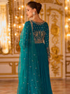 Close-up of floral V-neck bodice and chevron band on Rama Blue Anarkali for a New York sangeet