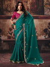 Teal Green Premium Bemberg Designer Saree highlighting scalloped cutdana border for wedding wear | BharatPlaza