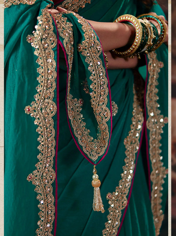 Teal Green Premium Bemberg Designer Saree featuring contrasting pink silk blouse for festive wear | BharatPlaza
