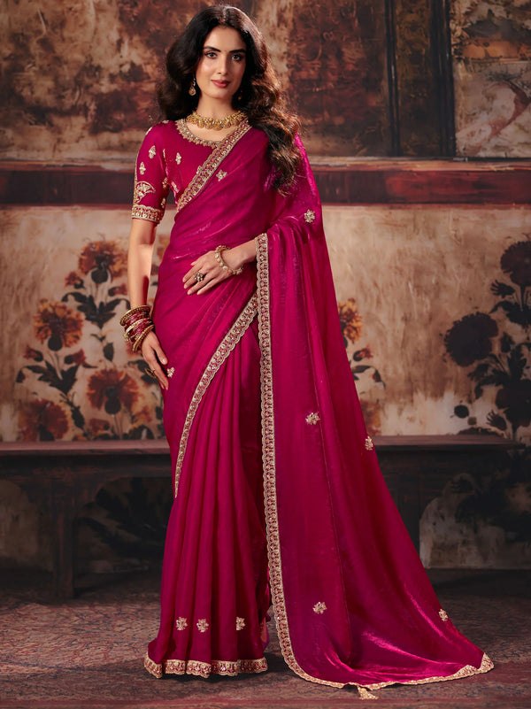 Hot Rani Pink Fendy Satin Designer Saree highlighting an exquisite scalloped border for wedding wear | BharatPlaza