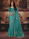 Teal Blue Pure Organza Designer Saree featuring elegant self-shaded tones for wedding & festive wear | BharatPlaza