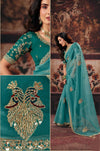 Teal Blue Pure Organza Designer Saree highlighting exquisite heavy blouse embroidery for wedding wear | BharatPlaza