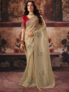 Beige Golden Pure Organza Designer Saree featuring a contrast red satin blouse for wedding & festive wear | BharatPlaza