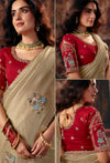 Beige Golden Pure Organza Designer Saree highlighting intricate heavy blouse embroidery for wedding wear | BharatPlaza