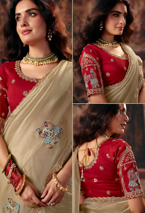 Beige Golden Pure Organza Designer Saree highlighting intricate heavy blouse embroidery for wedding wear | BharatPlaza