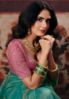 Sea Green Premium Organza Designer Saree highlighting exquisite heavy blouse embroidery for wedding wear | BharatPlaza