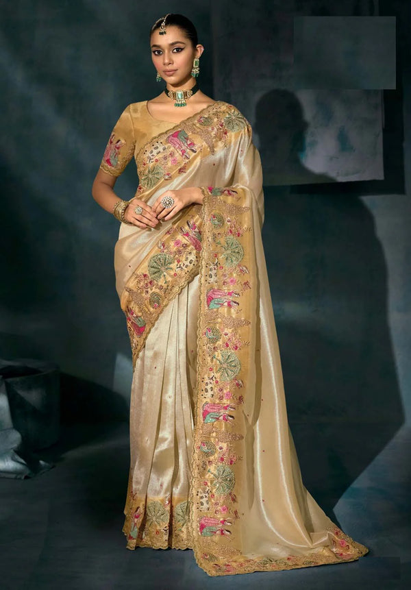 San Francisco Wedding Bridal Saree Designed out of Cream Pure Ziraf Silk
