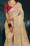 Embroidered Cream Silk Saree with Maroon Blouse for Edison Wedding Fashion